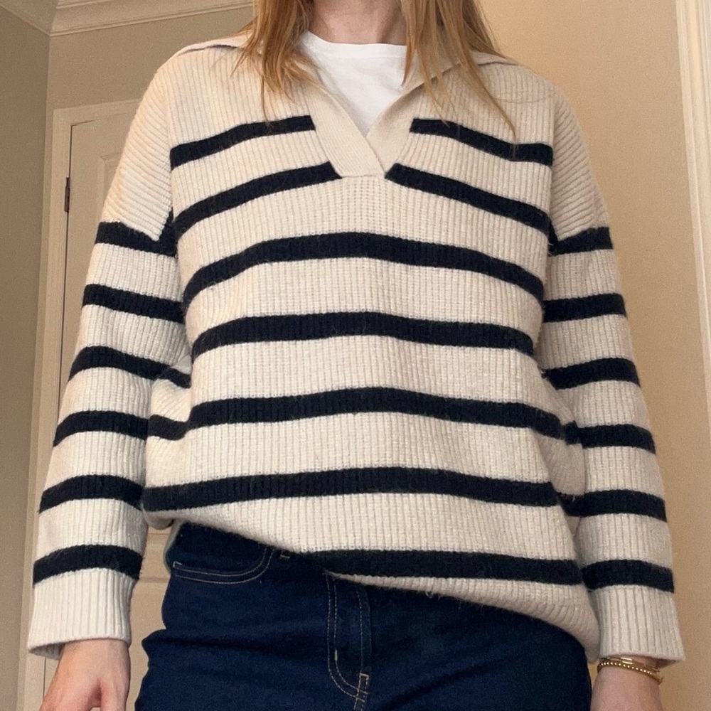 Zara Cream and Black Striped Knit Sweater
